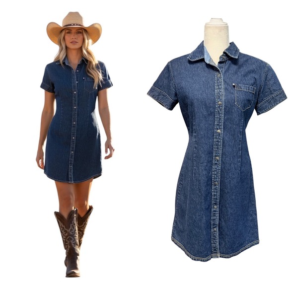 Tommy Jeans Dresses & Skirts - Vtg 90s Tommy Jeans Denim Mini Shirt Dress Womens L Western Rodeo Cowgirl Prep